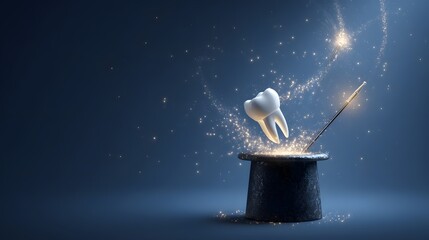 Tooth implant in magician hat with sparkle magic wand, creative dental healthcare and modern medicine concept, fantasy dental care design