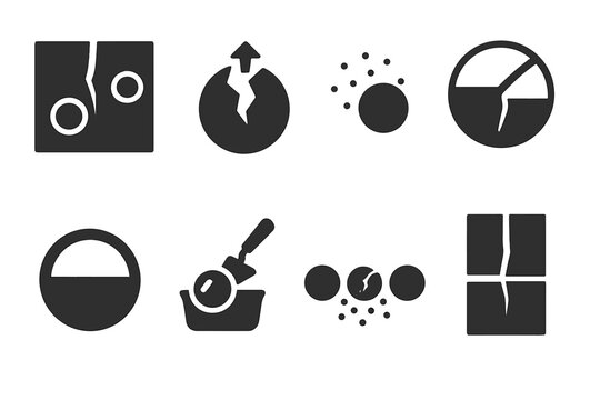 Microcapsule Healing Icons. Solid style icons of microcapsule-based healing: microcapsules in concrete, break-triggered release,
