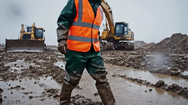 Female construction worker wearing a high visibility vest and rain gear walking through deep mud and puddles on a wet, rainy construction site with an excavator in the background