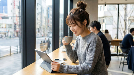 Smiling Asian woman using a tablet and drinking coffee in a cafe enjoying leisure time with natural light from a window