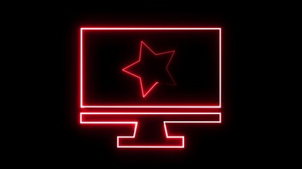 Red Neon Outline of Computer Monitor with Star Inside Keywords: computer, monitor, screen, display, technology, neon, light, glowing, red, outline, shape, icon, symbol, star, rating, favorite