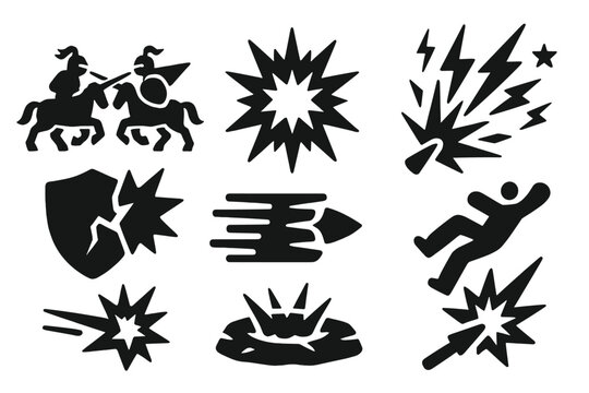 Impact Collision Icons. Solid style icons of impact collisions: mid-joust crash icon, energy burst panel, flying bolts and sparks.