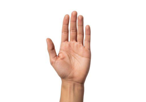 Isolated human hand reaching up, greeting, high five, stop, offering, or showing five