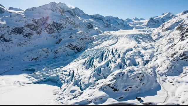 Steingletscher glacier descending mountains into a valley, presenting a winding road and clusters of small buildings nestled in a vast snow-covered winter landscape under a clear sky