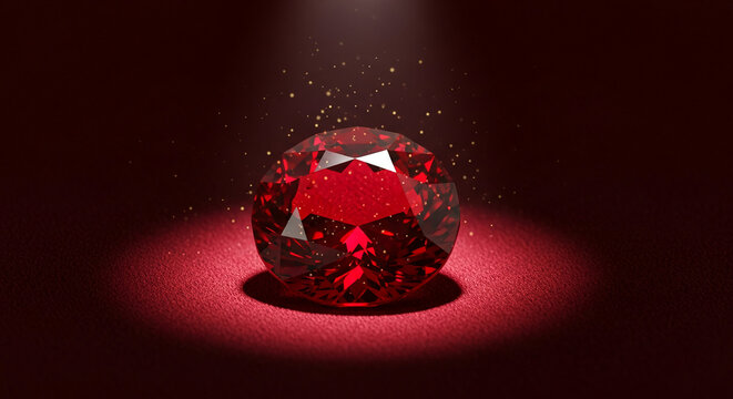 Close-up of faceted red gem on textured fabric, illuminated by a spotlight, symbolizing luxury and value, suitable for jewelry concepts