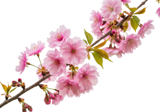 Isolated pink flowering cherry blossoms branch on tree, spring flowering season, soft petals