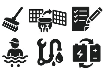Naklejka premium Maintenance Tool Icons. Solid style icons of maintenance tools and tasks: net cleaning brush, filter swap icon, tool belt with