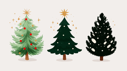 Set of Festive Christmas Trees with Golden Stars and Decorations, Watercolor and Stylized Holiday Season Illustrations