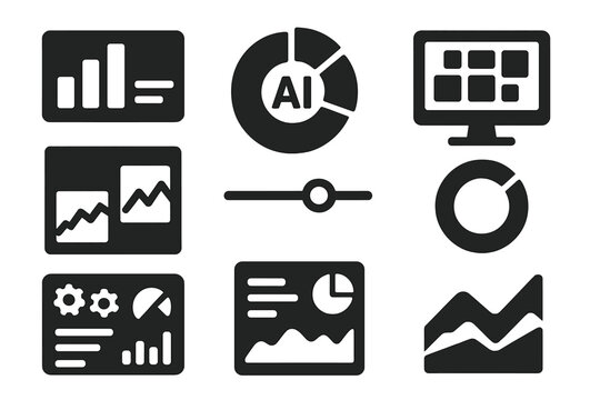 Visualization Tools Icons. Solid style icons of visualization tools for procurement: bar graph dashboard, pie chart with AI ring,