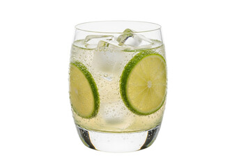 Isolated glass of sparkling lime drink, gin tonic, or lemonade, with ice and citrus fruit