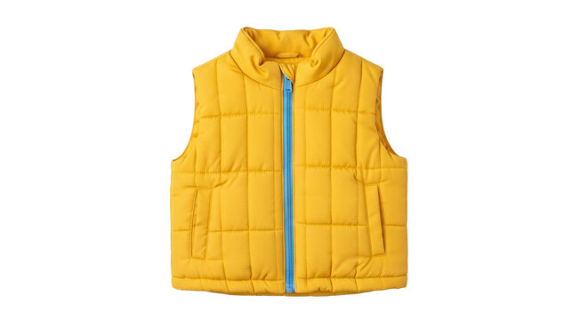 Isolated gold quilted vest with bright blue zipper, suitable for kids and outdoors use