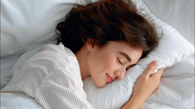 Young woman enjoying a restful sleep a comfortable bed, hugging a soft peaceful expression with a pillow