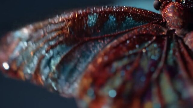 Macro insect wing detail with textured surfaces and blurred background