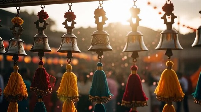 Festive Bells: Colorful Tassels & Golden Light at a Vibrant Celebration