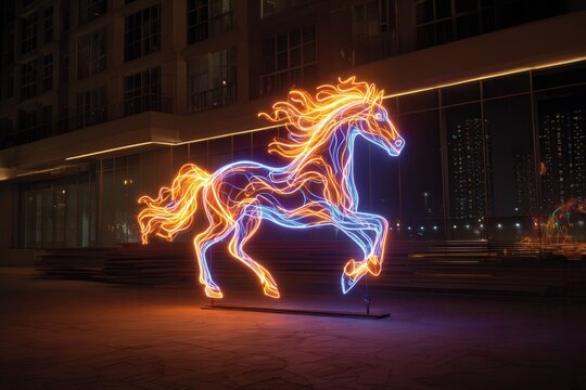 Neon horse sculpture illuminated at night, showcasing vibrant colors and dynamic motion, set against a modern urban backdrop with glowing city lights