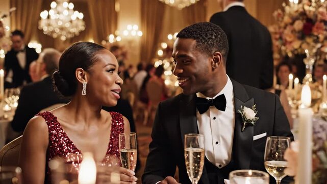 Young black couple enjoying a formal celebration at a luxurious event. Holding champagne flutes and engaging in conversation. Surrounded by beautiful floral arrangements. Candles. And festive lighting