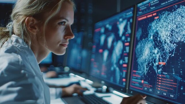 Epidemic control study, health researchers monitoring infection data on futuristic display, cinematic balance of urgency and order, sterile light reflecting human teamwork, global disease prevention v
