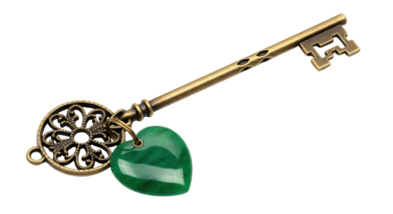Isolated vintage ornamental key pendant with green heart-shaped gemstone charm jewelry