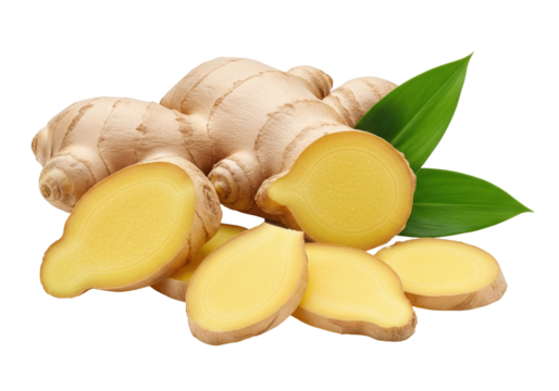Isolated ginger root and slices with green leaves, healthy herbal cooking ingredient