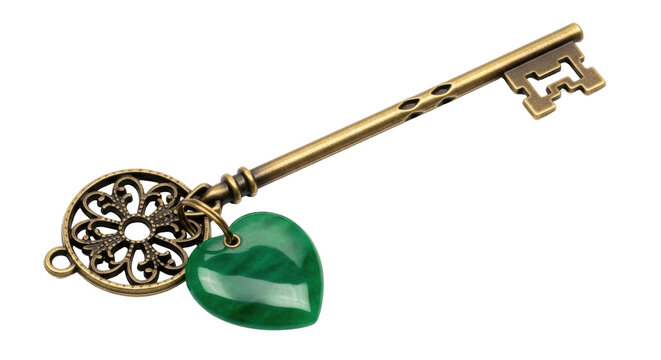 Isolated vintage ornamental key pendant with green heart-shaped gemstone charm jewelry