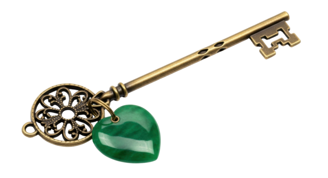 Isolated vintage ornamental key pendant with green heart-shaped gemstone charm jewelry
