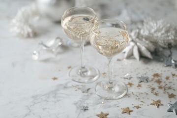 Elegant champagne glasses filled with sparkling drink, adorned with golden glitter, surrounded by festive decorations and shimmering stars, creating a celebratory atmosphere for special occasions