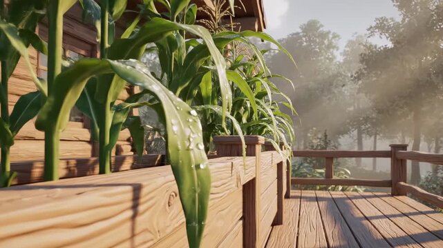 Lush green corn plants flourish in wooden troughs on a sunlit deck, surrounded by a serene forest, with soft morning light filtering through the leaves