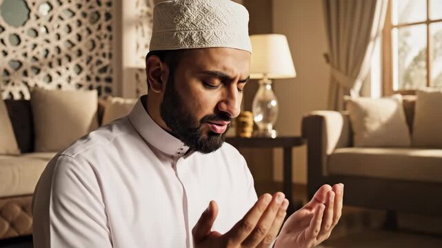 Muslim man in traditional thobe and kufi praying salaat on a carpeted living room, hands raised in dua, embodying quiet devotion, faith and spiritual reflection at home