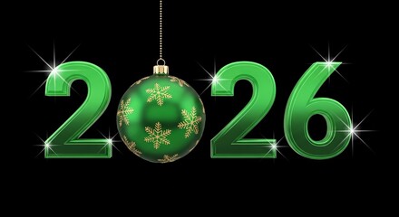 2026 new year green christmas ornament with golden snowflakes on black background