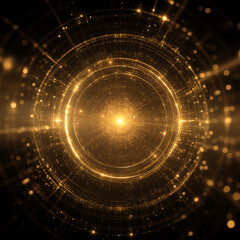 radiant circular design with a glowing golden light at its center, surrounded by intricate details and symmetrical patterns. It conveys a sense of energy, illumination, and balance, making it visually