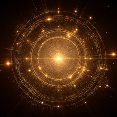 radiant circular design with a glowing golden light at its center, surrounded by intricate details and symmetrical patterns. It conveys a sense of energy, illumination, and balance, making it visually