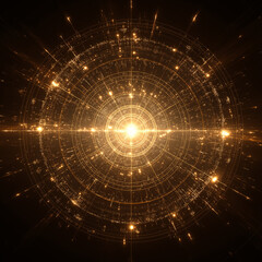 radiant circular design with a glowing golden light at its center, surrounded by intricate details and symmetrical patterns. It conveys a sense of energy, illumination, and balance, making it visually