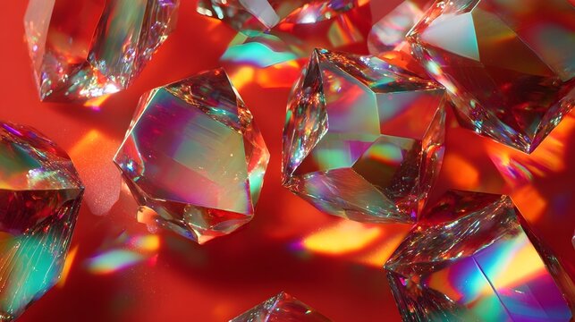 Abstract red crystal texture with light reflections, luxury gemstone background, sparkling prism effect and geometric shapes pattern