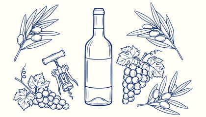 Hand-Drawn Mediterranean Wine & Olive Vector &ndash; Vintage Italian Vineyard Doodle with Grapes, Corkscrew, and Olive Branches