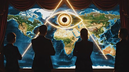 Business people observing a large world map display with a glowing eye of providence and pyramid symbol, representing a secret society's power and global conspiracy planning - Powered by Adobe