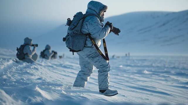 Explorers documenting wildlife in remote arctic landscape, snow-covered terrain stretching endlessly, cameras aimed at polar animals, resilience and dedication captured.