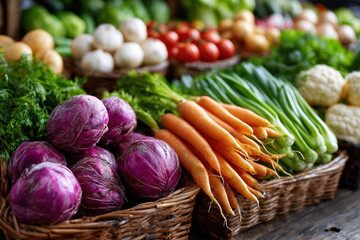 Fresh Organic Vegetables in Wicker Baskets at a Market