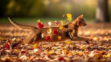 “Playful cat stretching and rolling in golden sunlight on a wooden floor, dynamic pose, warm glowing rays, energetic lifestyle pet photography.”