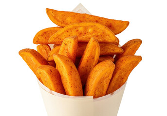 Isolated flavorful potato wedges snack in cone container ready for tasty experience, meal
