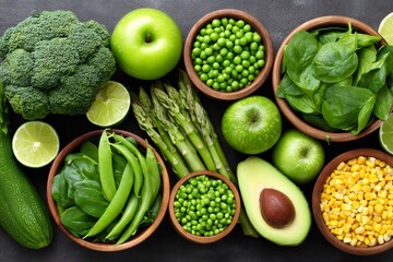 Fresh green vegetables and fruits promoting healthy eating