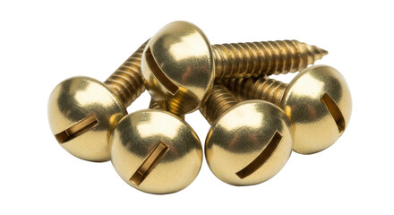 Isolated Heap of gold colored slotted round head wood screws on a neutral surface
