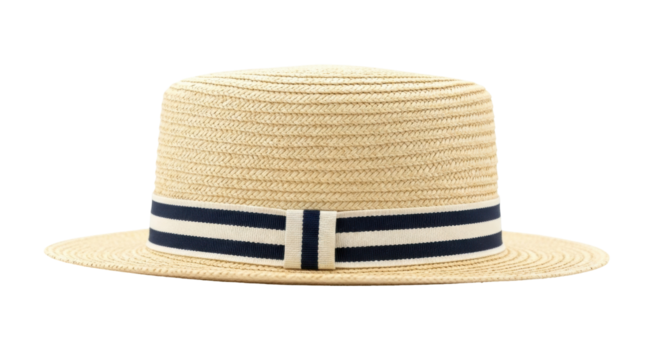 Isolated boater hat, a classic summer straw hat for sun protection, is seen from the front