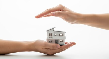 Home protection and investment concept with hands holding miniature house