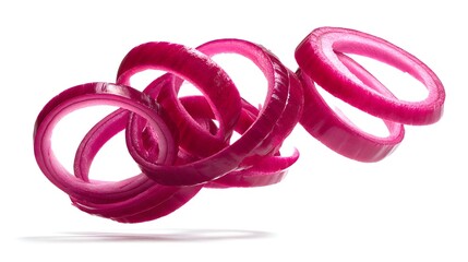 Sliced red onions isolated on white background, fresh vegetable food ingredient, healthy organic cooking and culinary concept