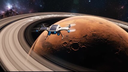 Solar-powered quadcopter drone conducting autonomous research over a ringed red planet, capturing remote-sensing data for space exploration, science and futuristic missions