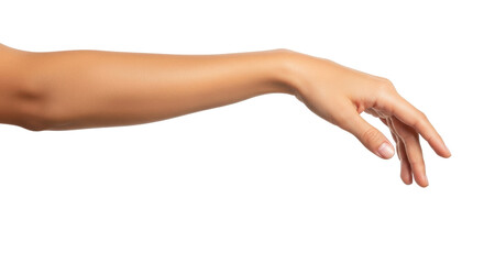 Fototapeta premium Isolated outstretched arm and open hand, poised to touch or grab, delicate human gesture