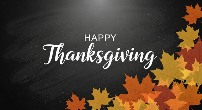 "Happy Thanksgiving" text on chalkboard with autumn leaves, conveying autumnal celebration, gratitude and holiday spirit with its festive design