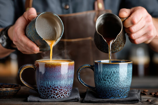 Brewed coffee being skillfully poured into two handcrafted mugs in a cozy cafe - Powered by Adobe