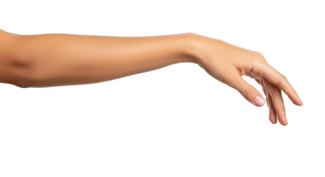 Isolated outstretched arm and open hand, poised to touch or grab, delicate human gesture