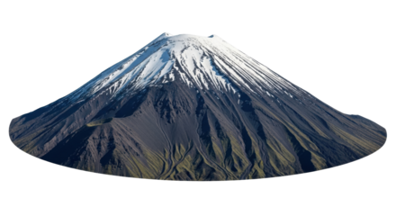 Isolated volcano with snow-covered peak during daytime against a plain backdrop outdoors